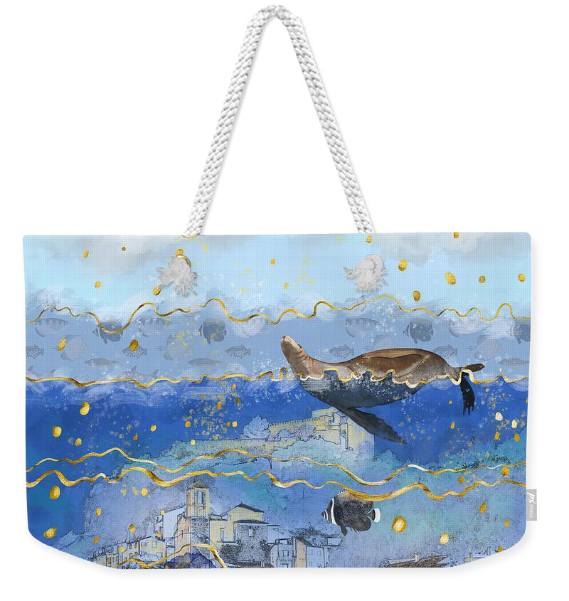 Global Warming Weekender Tote Bag featuring the digital art On Earth As It Is In Heaven? Sea levels rising awareness by Andreea Dumez