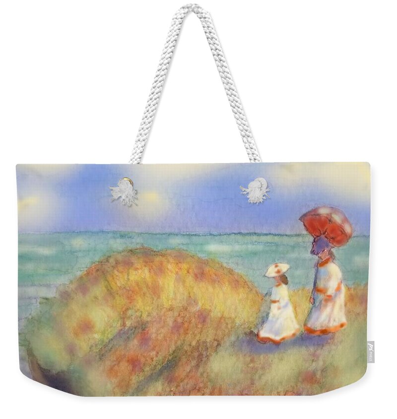 Cliff Weekender Tote Bag featuring the painting On The Cliff with a Parasol by Angela Davies