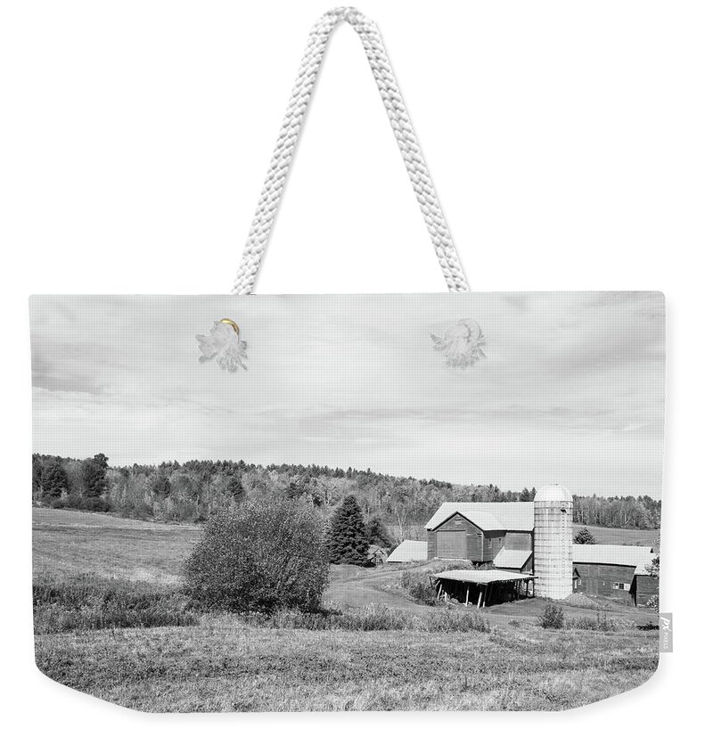 Autumn Weekender Tote Bag featuring the photograph On the Farm in New York - Black and White by Angie Tirado