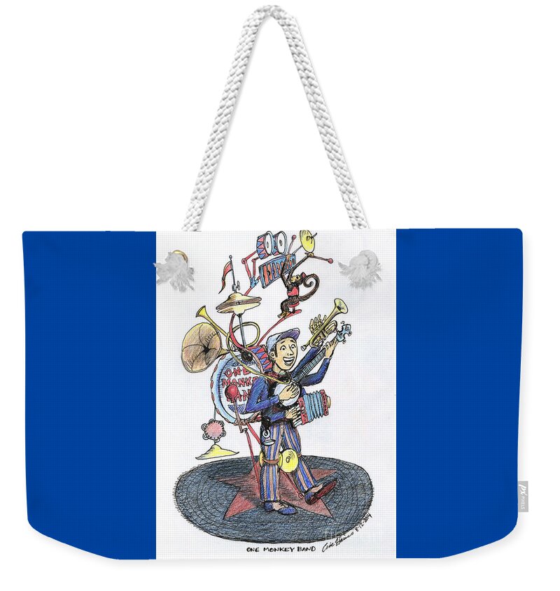 One Man Band Weekender Tote Bag featuring the drawing One Monkey Band by Eric Haines