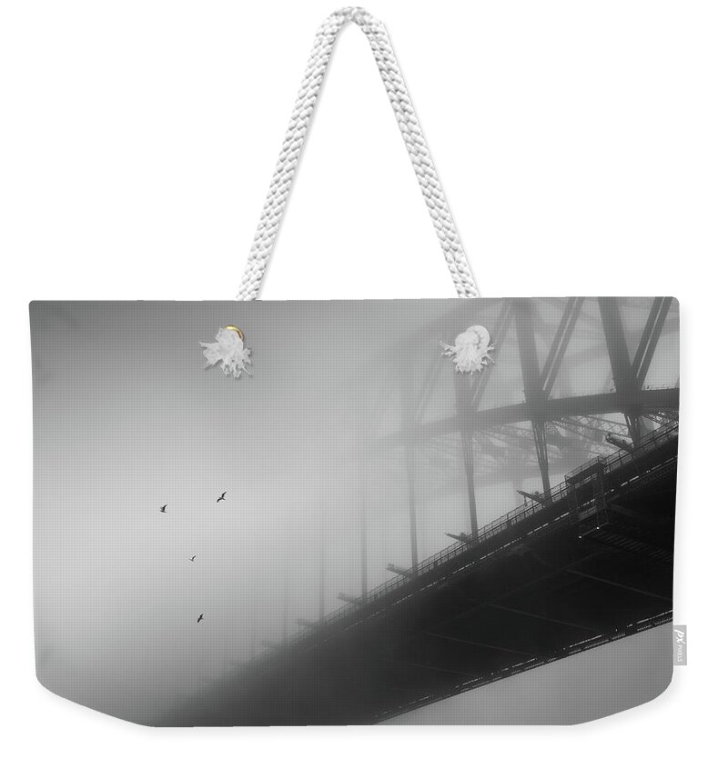 Monochrome Weekender Tote Bag featuring the photograph One Morning at the Bridge by Grant Galbraith