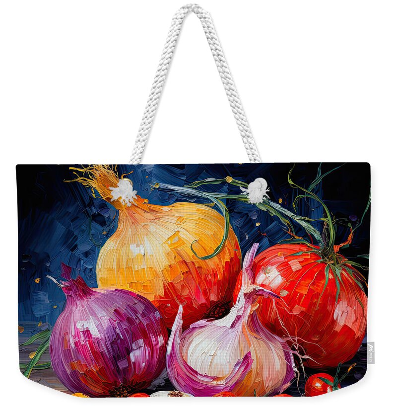 Onion Weekender Tote Bag featuring the painting Onions Garlic and Cherry Tomatoes Art by Lourry Legarde