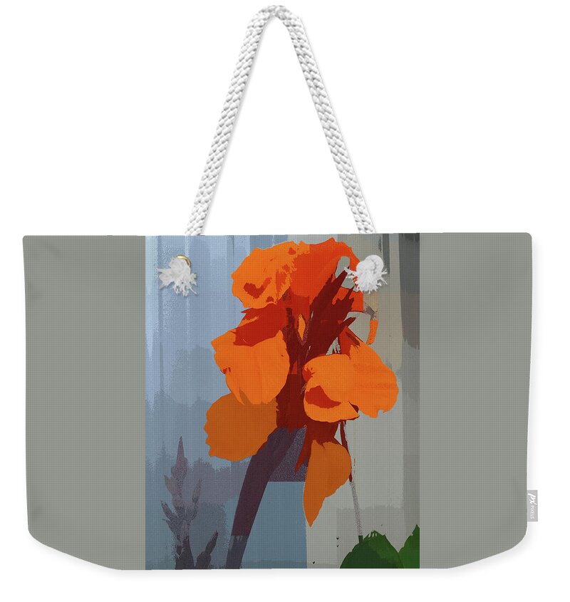 Orange Weekender Tote Bag featuring the mixed media Orange Cana Flower Botanical Abstract by Shelli Fitzpatrick