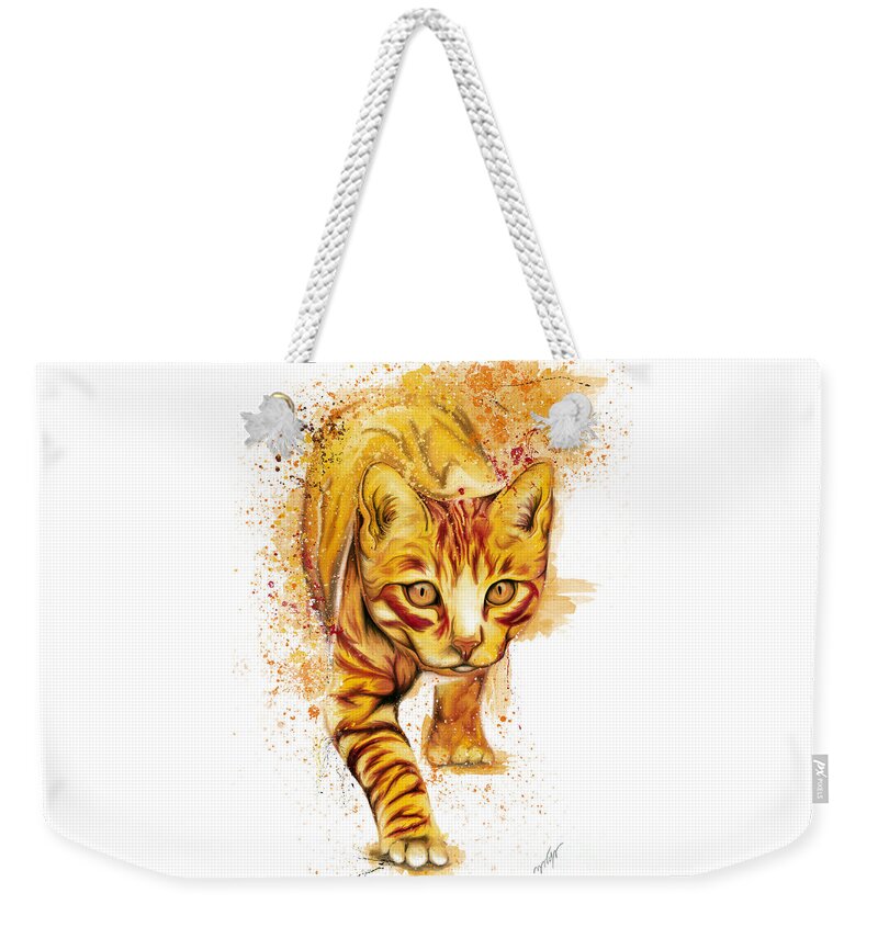 Orange Cat Weekender Tote Bag featuring the painting Orange chasing cat splatter painting, watercolor cat, by Nadia CHEVREL