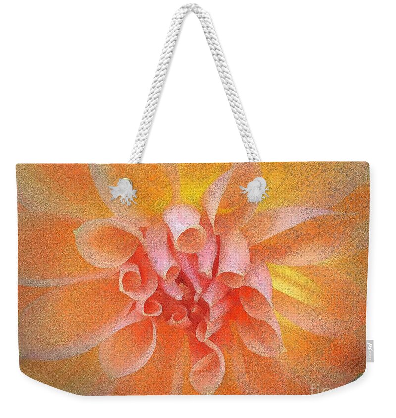 Dahlia Weekender Tote Bag featuring the photograph Orange Dahlia with an Inner Glow by Sea Change Vibes