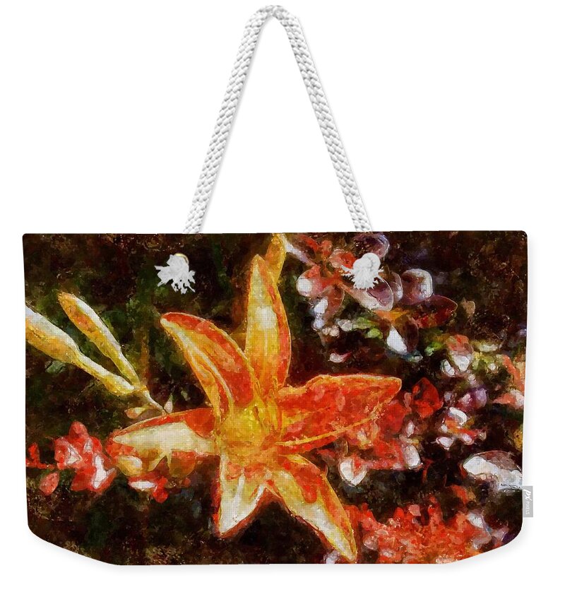 Flower Weekender Tote Bag featuring the mixed media Orange Daylily in Summer by Christopher Reed