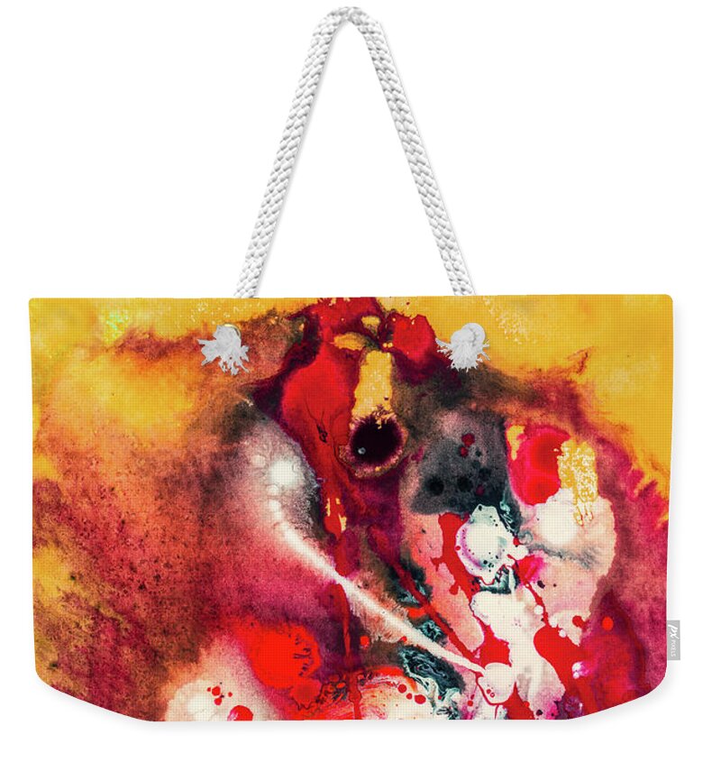 Abstract Weekender Tote Bag featuring the painting Orange Red And White Modern Abstract Art Painting - Happy Day by iAbstractArt