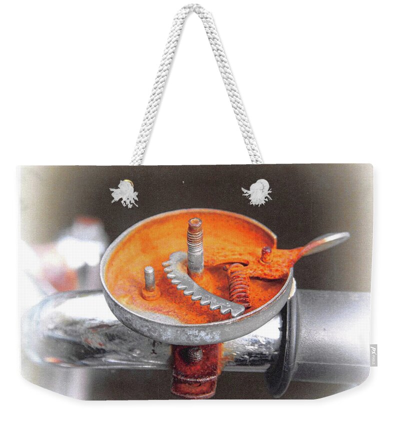 Rust Weekender Tote Bag featuring the photograph Orange Rusty Bell, Ride Until You Rust by Diane Enright