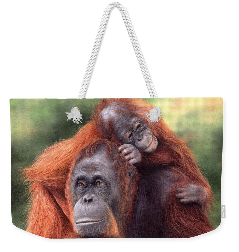 Orangutans Weekender Tote Bag featuring the painting Orangutans Painting by Rachel Stribbling