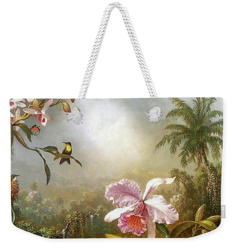 Martin Johnson Heade Weekender Tote Bag featuring the painting Orchids Nesting Hummingbirds And A Butterfly by Martin Johnson Heade