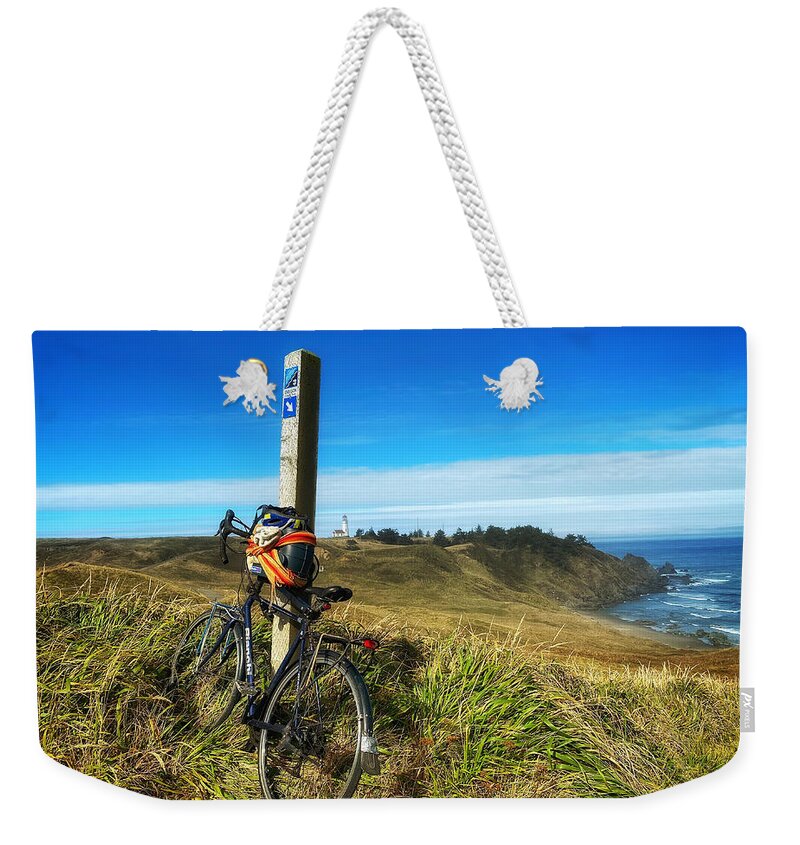 Bicycle Weekender Tote Bag featuring the photograph Oregon Coast Kickstand by Andrea Platt