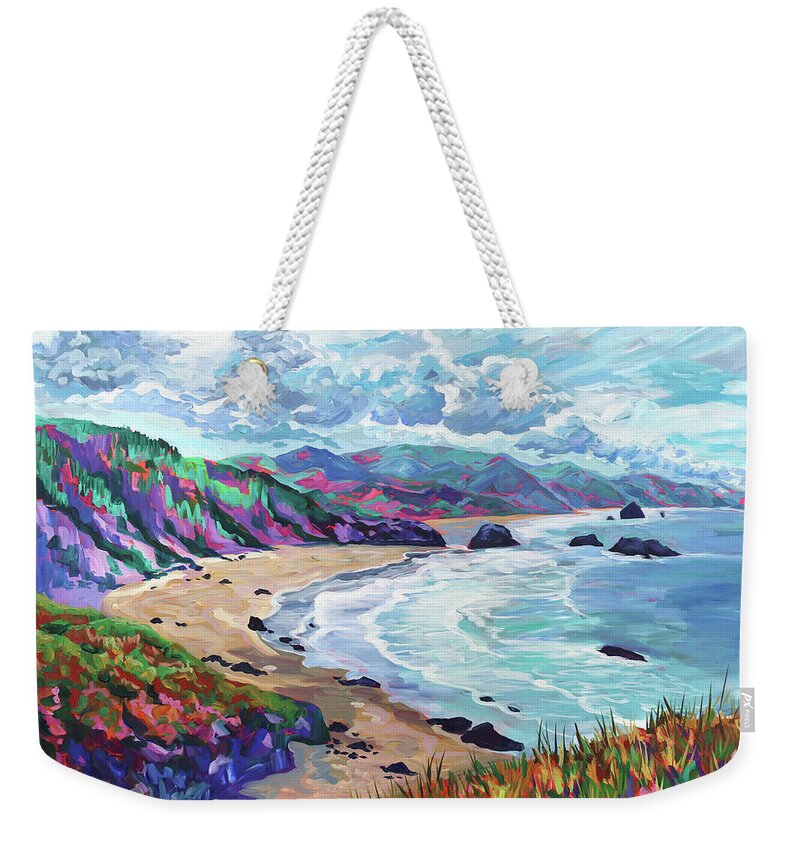 Oregon Weekender Tote Bag featuring the painting Oregon Kaleidoscope Coast by Anisa Asakawa