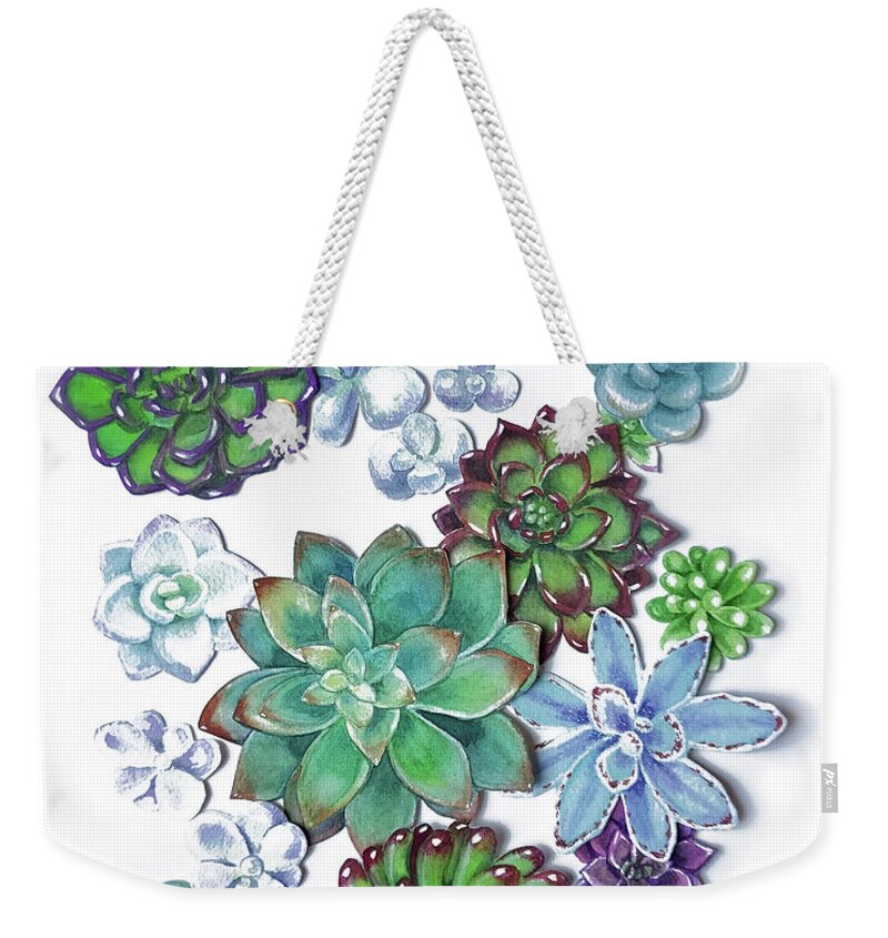 Succulent Weekender Tote Bag featuring the painting Organic Succulent Plants Garden Watercolor Art Decor by Irina Sztukowski