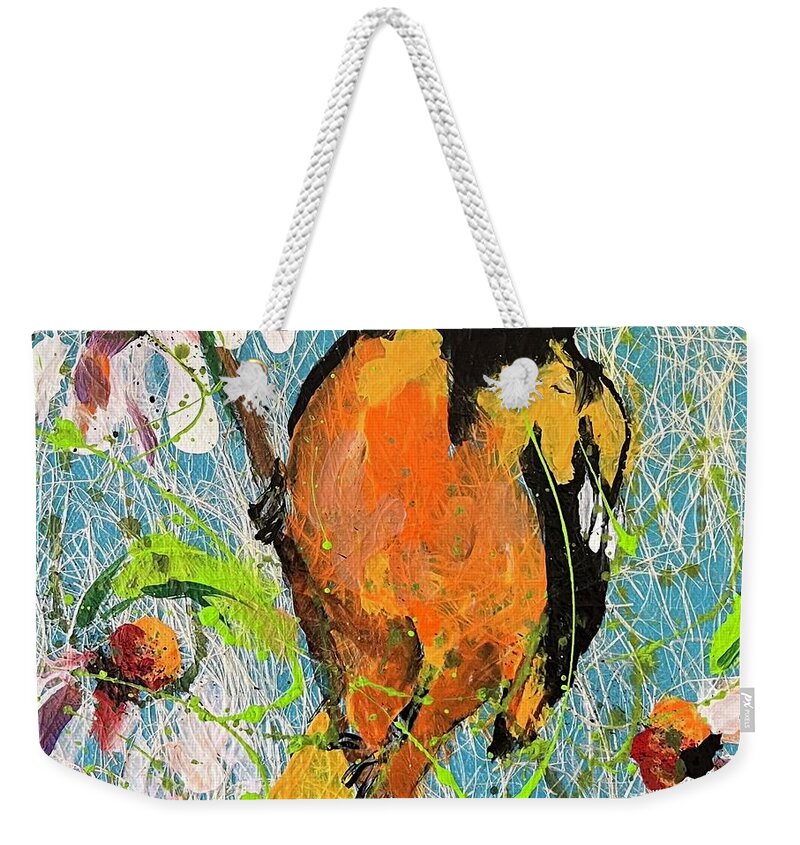 Birds Weekender Tote Bag featuring the painting Oriole by Elaine Elliott