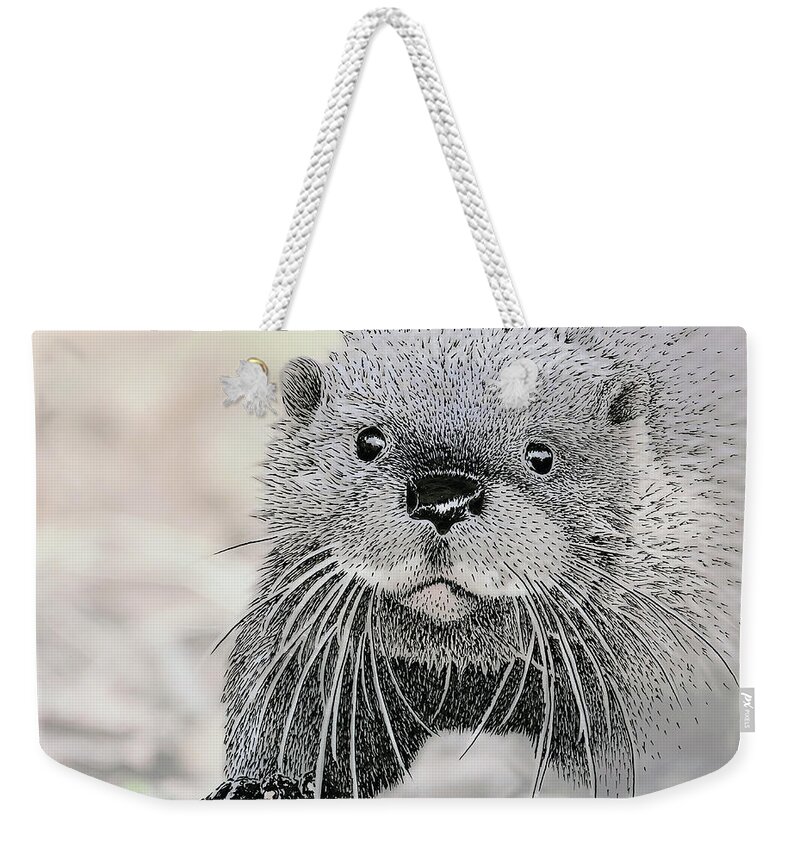 Otter Weekender Tote Bag featuring the mixed media Otter approaching, mixed media. by Tony Mills