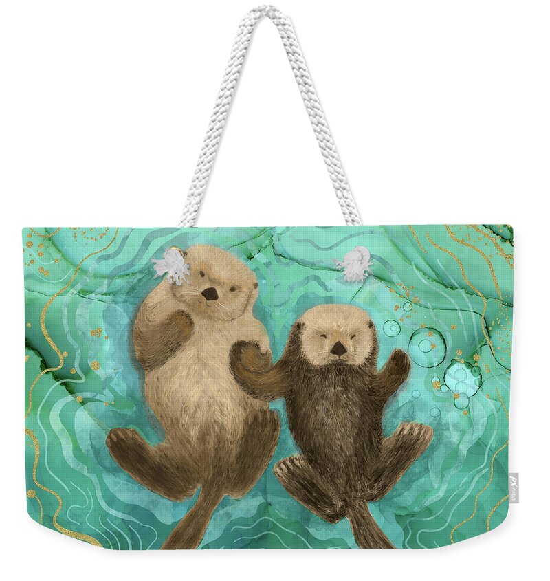 Otter Weekender Tote Bag featuring the digital art Otters Holding Paws, Floating in Emerald Waters by Andreea Dumez