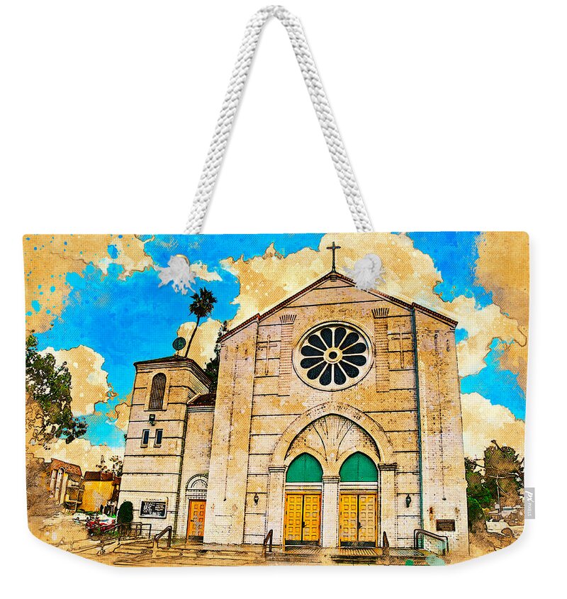 Our Lady Of Perpetual Help Weekender Tote Bag featuring the digital art Our Lady of Perpetual Help catholic church in Downey, California by Nicko Prints