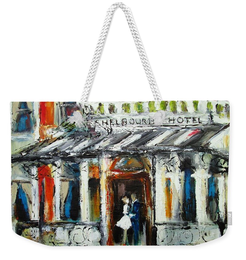 Shelbourne Hotel Dublin Weekender Tote Bag featuring the painting Painting Of The Shelbourne Hotel Dublin City Ireland - Our Wonderful Wedding by Mary Cahalan Lee - aka PIXI