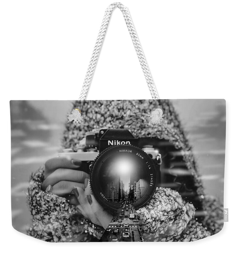 Black And White Weekender Tote Bag featuring the mixed media Out Of Frame 2 by Marvin Blaine