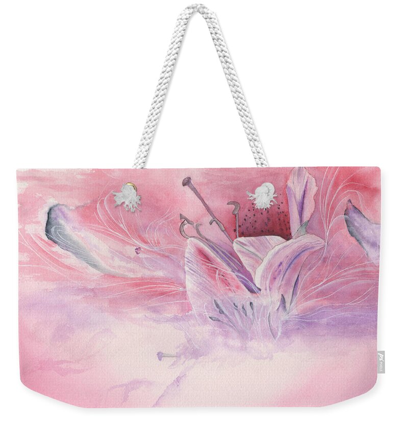 Floral Weekender Tote Bag featuring the painting Out of the Mist by Bob Labno