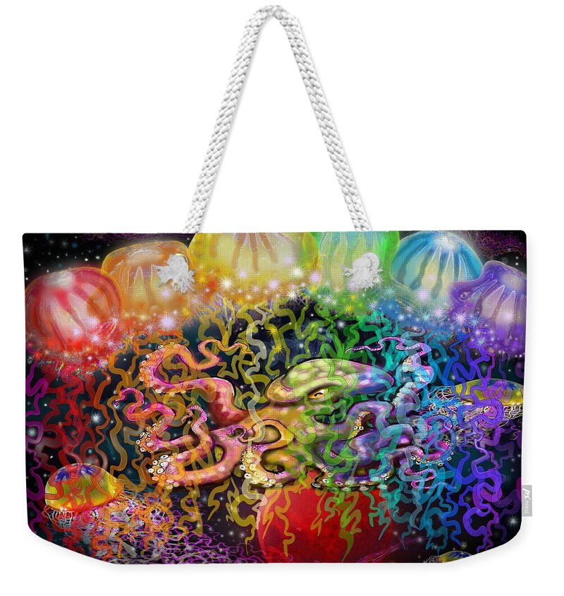 Space Weekender Tote Bag featuring the digital art Outer Space Rainbow Alien Tentacles by Kevin Middleton