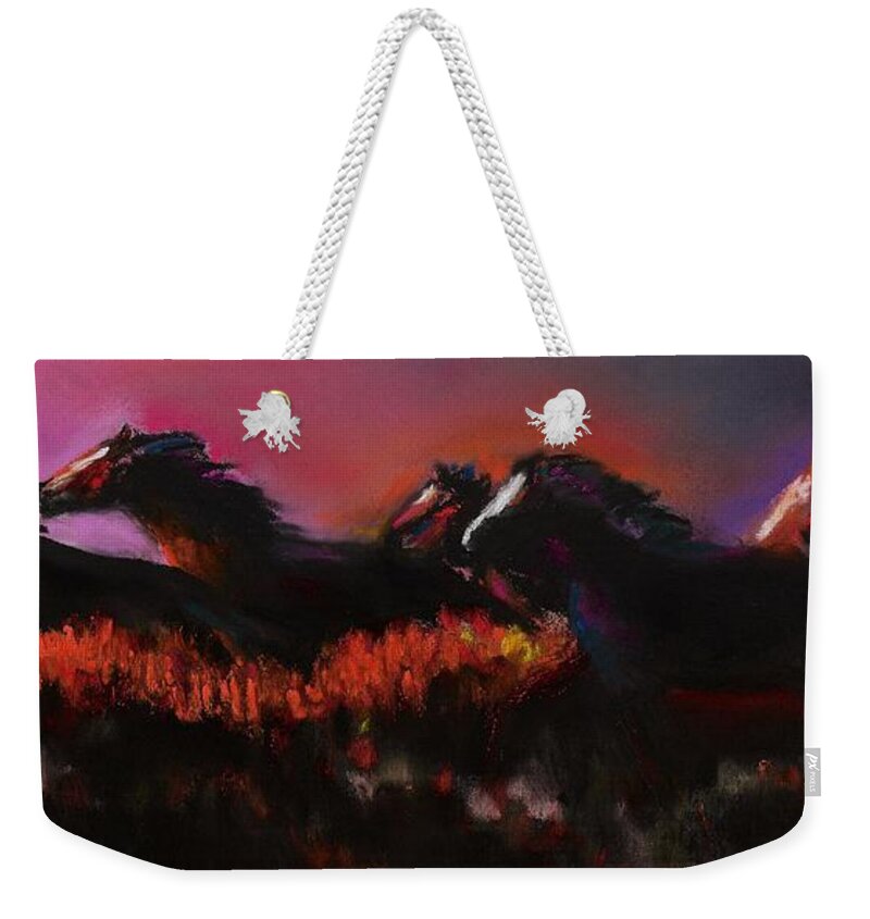 Horses Weekender Tote Bag featuring the painting Outrunning The Storm by Frances Marino