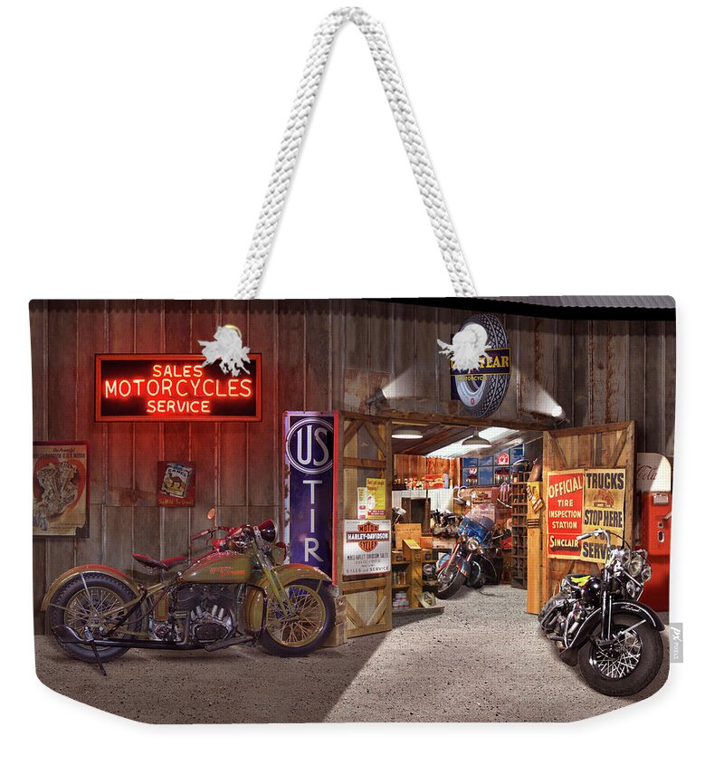 Motorcycle Shop Weekender Tote Bag featuring the photograph Outside the Motorcycle Shop by Mike McGlothlen
