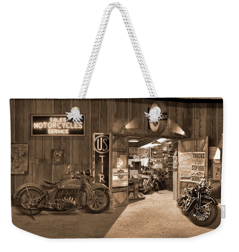 Motorcycle Weekender Tote Bag featuring the photograph Outside The Old Motorcycle Shop - Spia by Mike McGlothlen