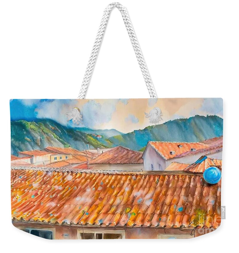 Roof Weekender Tote Bag featuring the painting Over the roofs Painting roof bubble dream evasion house liberty acrylic adventure architecture art artistic artwork buildings cinque terre city cityscape coast contemporary creative design digital by N Akkash