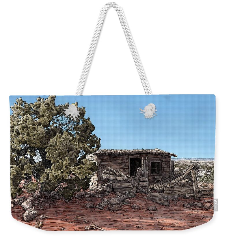 Owl Draw Weekender Tote Bag featuring the digital art Owl Draw Cabin by Rick Adleman