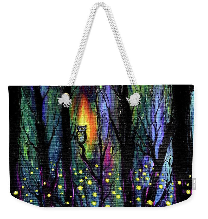 Pour Painting Weekender Tote Bag featuring the painting Owl in a Deep Dark Forest by Laura Iverson