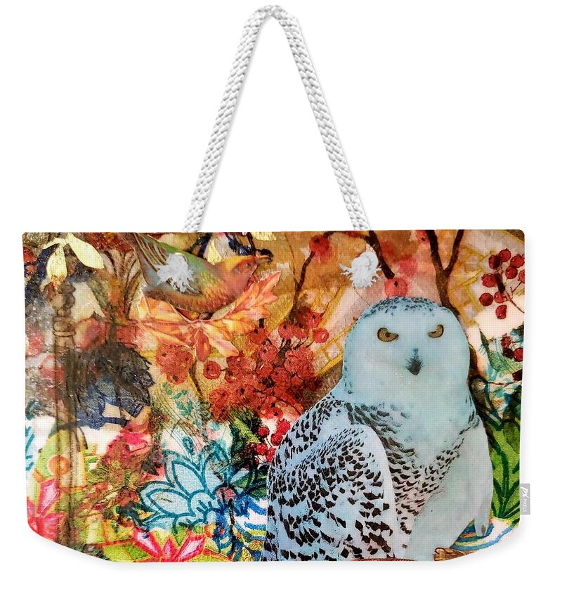 Owl Weekender Tote Bag featuring the mixed media Owl in Red by Deborah Cherrin