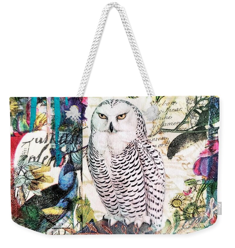 Snowy Owl Weekender Tote Bag featuring the mixed media Owl Laureate by Deborah Cherrin