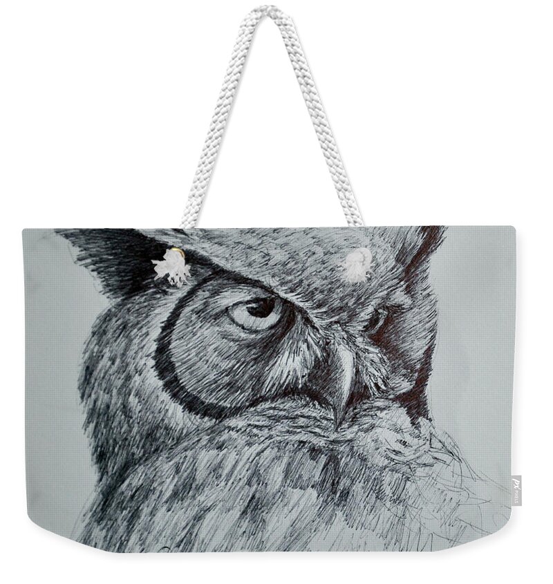 Birds Weekender Tote Bag featuring the drawing Owl Looking Back by Rick Hansen