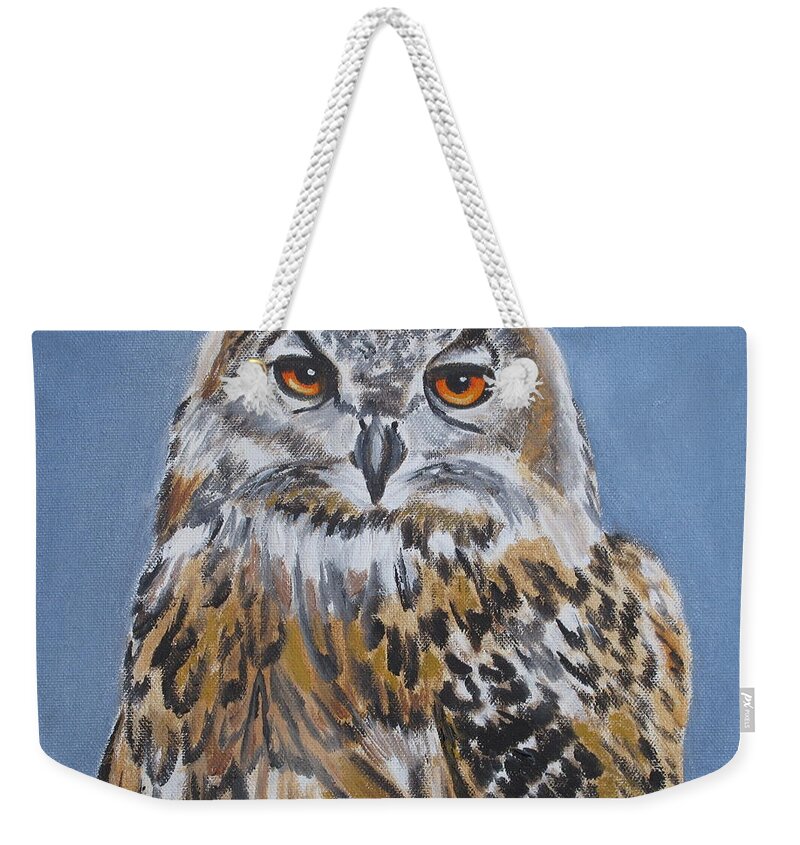 Pets Weekender Tote Bag featuring the painting Owl Orange Eyes by Kathie Camara