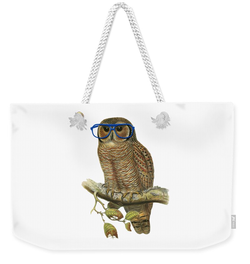 Owl Weekender Tote Bag featuring the digital art Owl sitting on a branch with blue glasses by Madame Memento