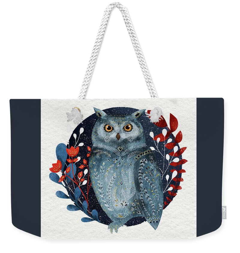 Owl Weekender Tote Bag featuring the painting Owl With Flowers by Modern Art