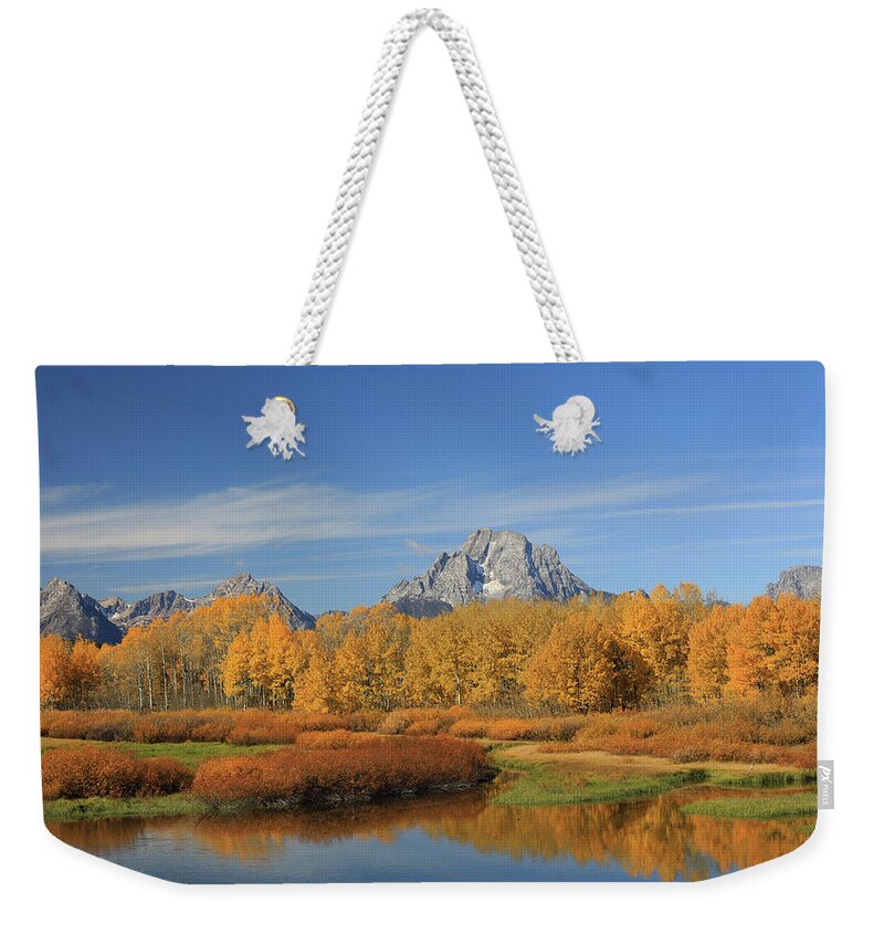 Oxbow Bend Reflection Weekender Tote Bag featuring the photograph Oxbow Bend Fall Colors by Dan Sproul