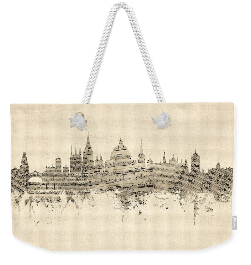 City Weekender Tote Bag featuring the digital art Oxford England Skyline Sheet Music by Michael Tompsett