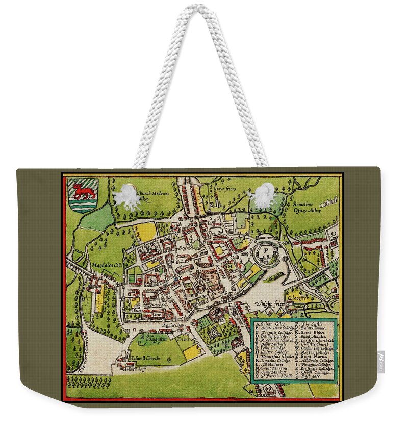 Oxford Weekender Tote Bag featuring the photograph Oxford England Vintage Map 1605 by Carol Japp