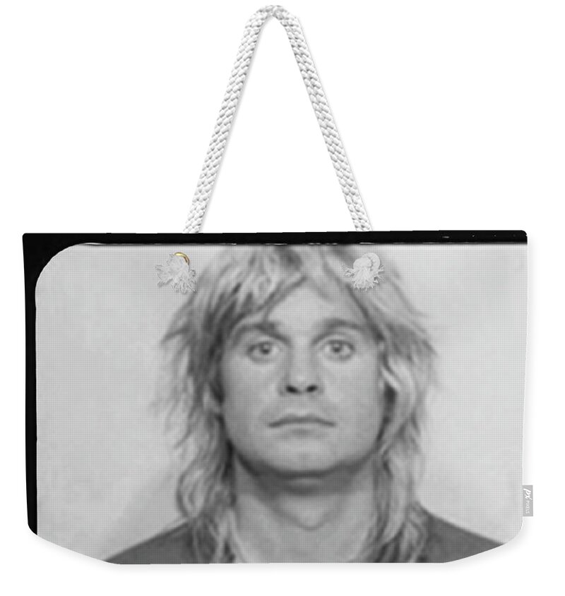 Ozzy Osbourne Weekender Tote Bag featuring the painting Ozzy Osbourne Mug Shot Muted Vertical BW by Tony Rubino