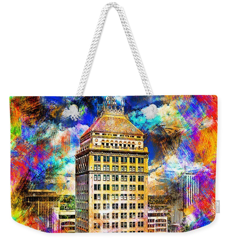 Pacific Southwest Building Weekender Tote Bag featuring the digital art Pacific Southwest Building in Fresno - colorful painting by Nicko Prints