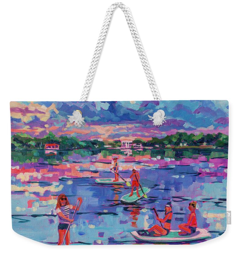 Paddle Boarding Weekender Tote Bag featuring the painting Paddle boarding at Sunset by Heather Nagy