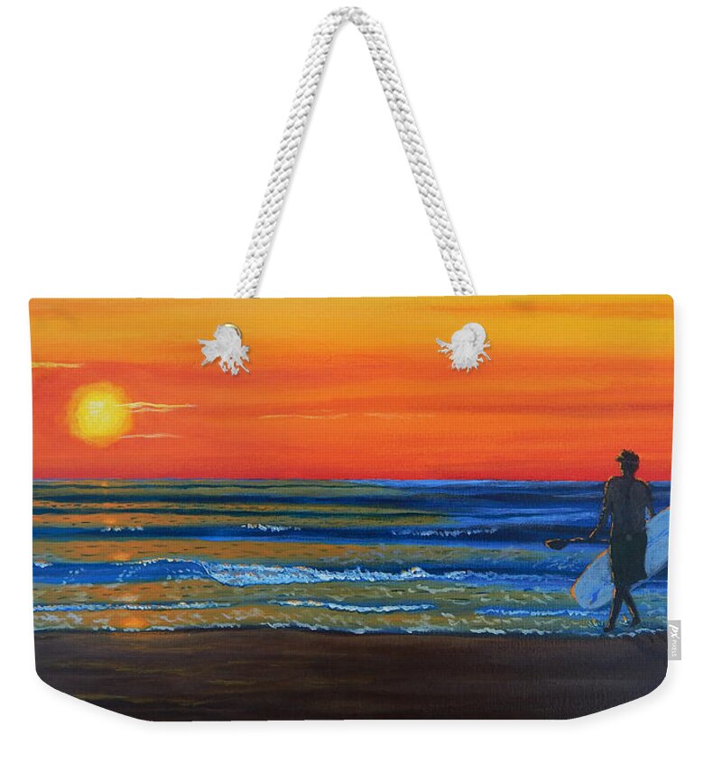 Surf Weekender Tote Bag featuring the painting Paddle Up, Let's Ride by Mike Kling