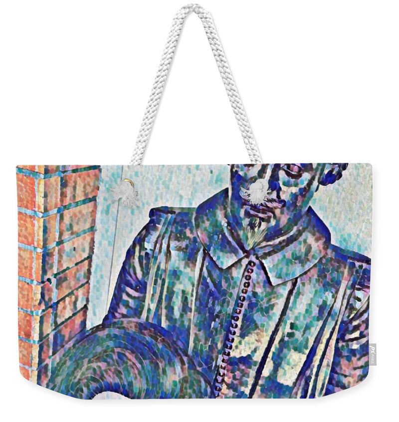 Shakespeare Weekender Tote Bag featuring the mixed media Insurance Adjuster's severed head on shakespears lap by Bencasso Barnesquiat
