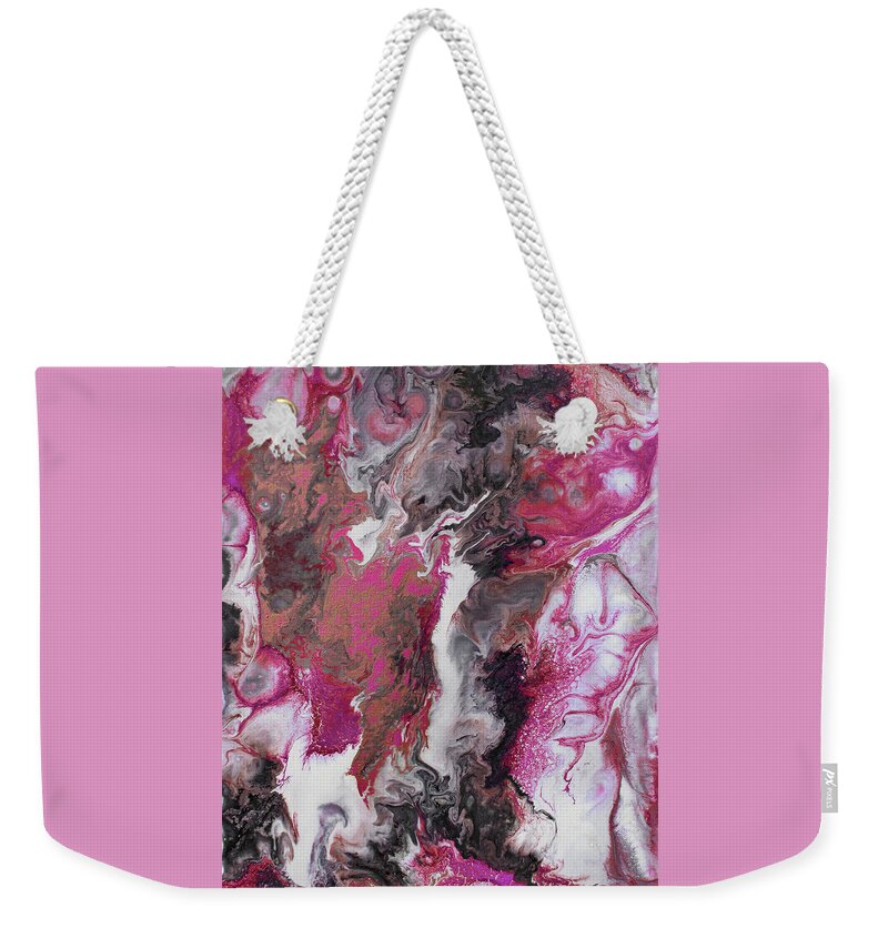 Marble Weekender Tote Bag featuring the painting Paint Pour by Cori 219 Pink by Corinne Carroll