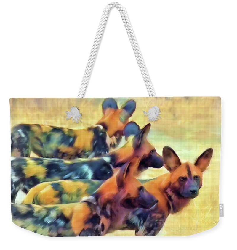 Wild Dogs Weekender Tote Bag featuring the painting Painted Dogs  by Joel Smith