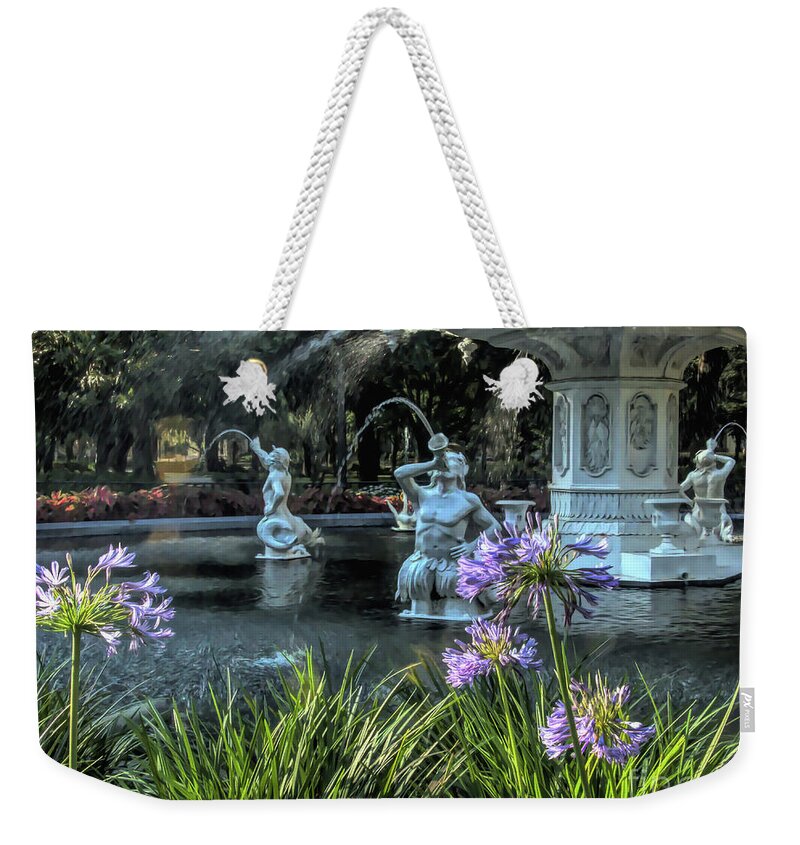 Forsyth Weekender Tote Bag featuring the photograph Painted Flowers at Forsyth Park Fountain by Amy Dundon