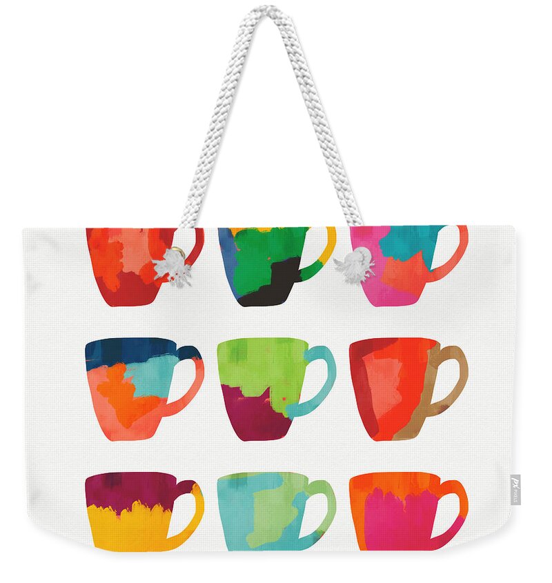 Mugs Weekender Tote Bag featuring the mixed media Painted Mugs- Art by Linda Woods by Linda Woods