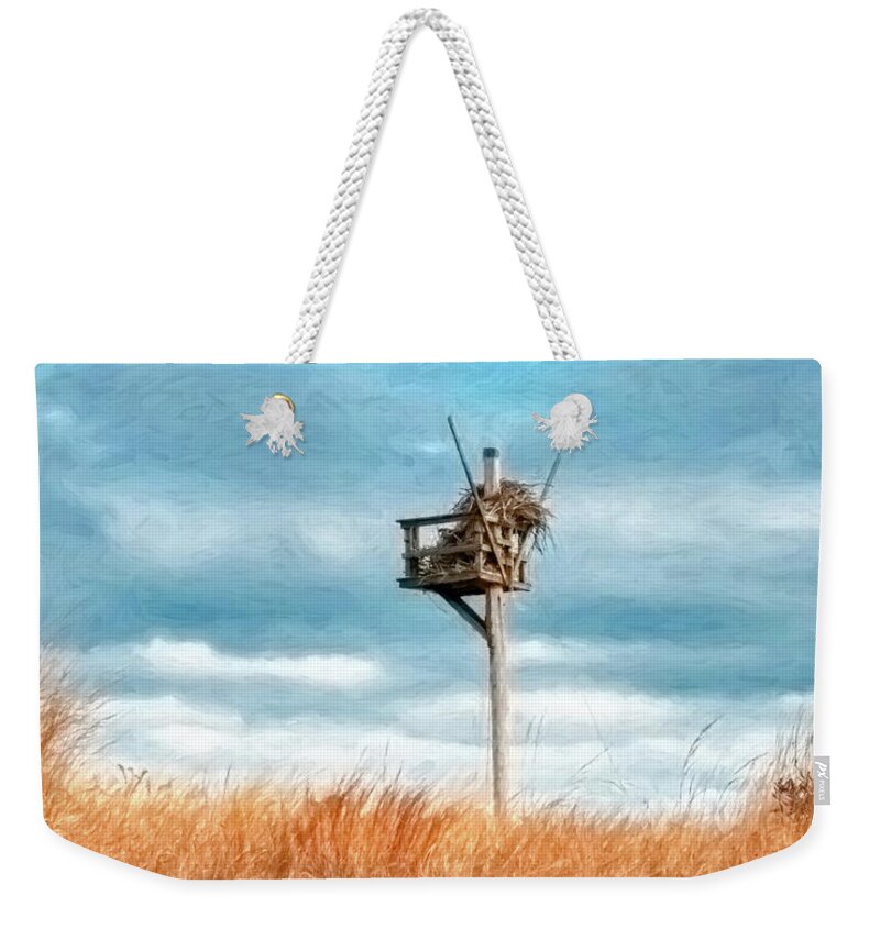 Painterly Weekender Tote Bag featuring the photograph Painterly Osprey Nest At The Beach by Gary Slawsky
